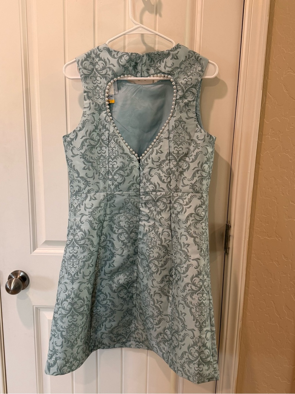 Bridgerton Cutout Heart Dress Teal Damask Pearl Back Detail Women’s M NWT - Picture 3 of 16